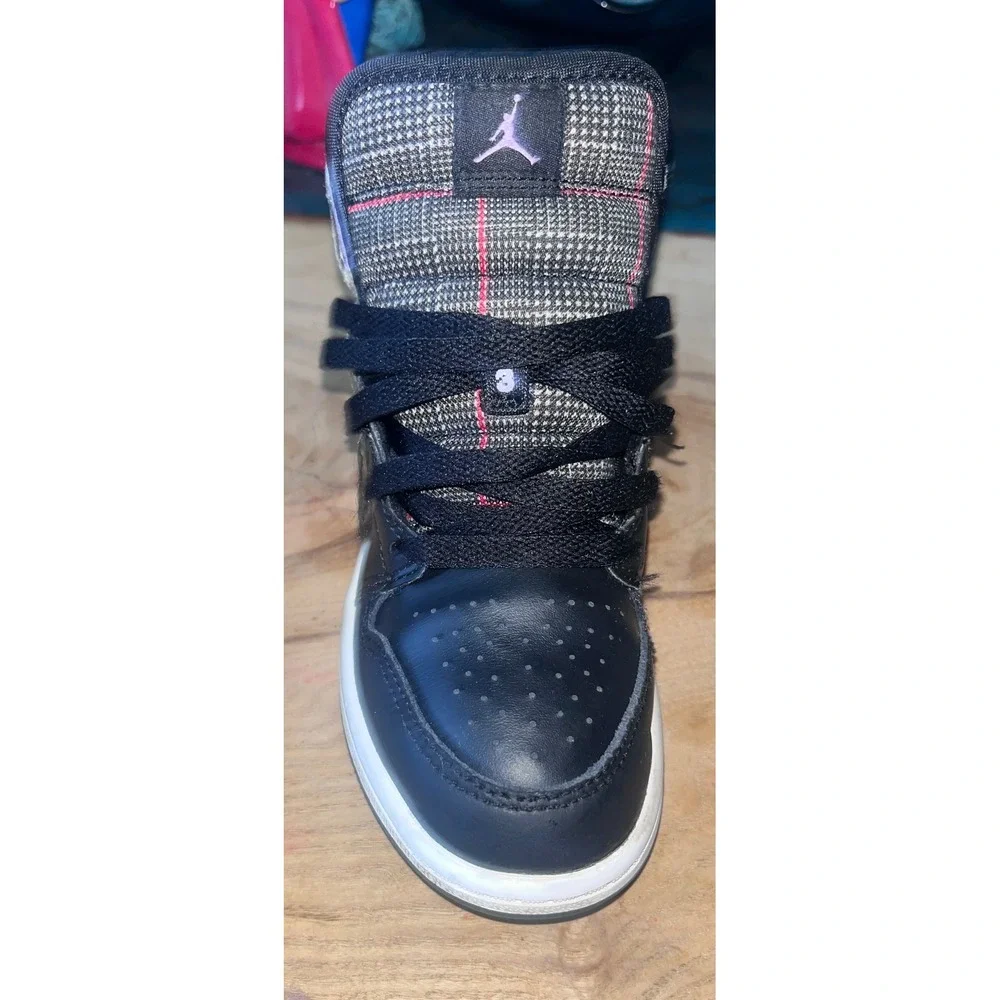 Nike Air Jordan 1 Mid Black Lilac White Plaid Sneakers DC7227-015 Kids Size 1Y